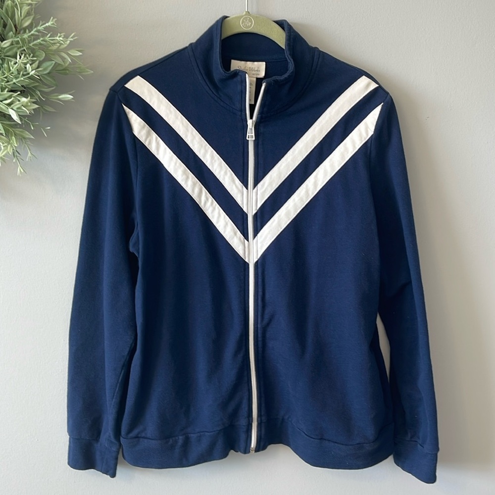 🍂 3/$20 EUC Studio Works Navy and White Full Zip Track Jacket Size Large Petite